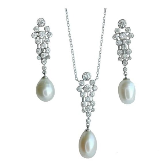 New White Cultured Pearl White Sapphire Necklace Earring Set - Picture 1 of 9
